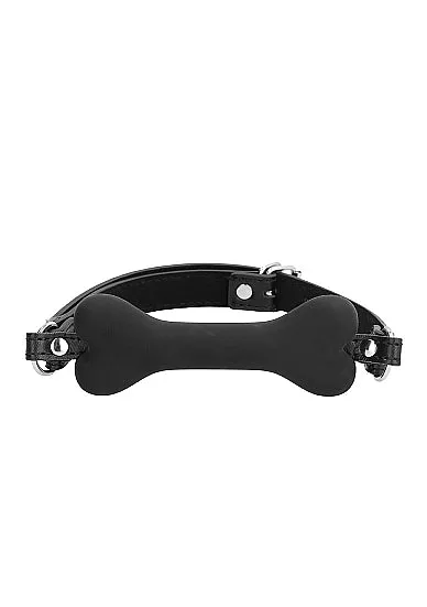 Shots Toys Ouch Black White Silicone Bone Gag With Adjustable Bonded Leather Straps Black Anal