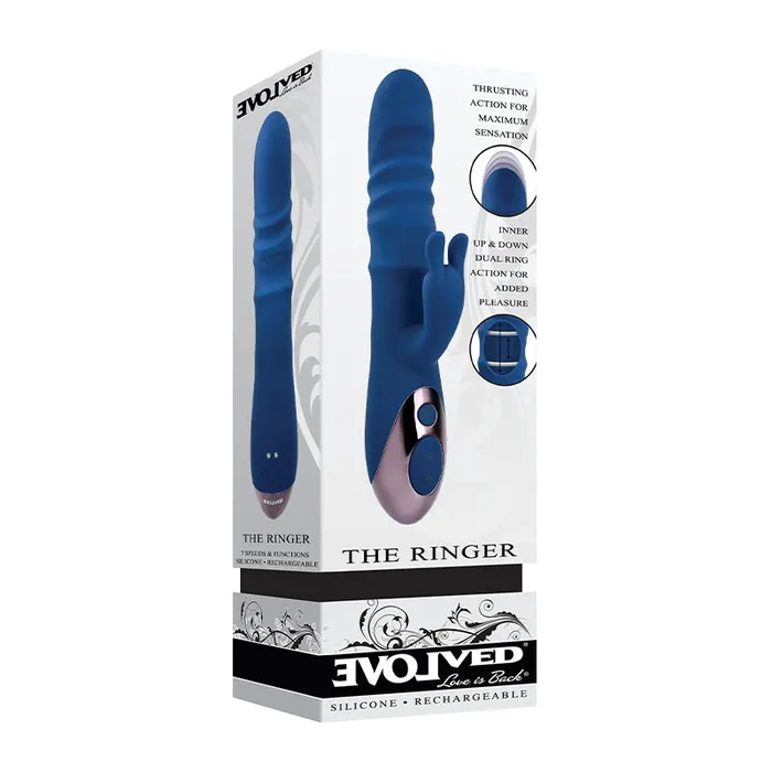 Evolved The Ringer Rechargeable Thrusting Silicone Rabbit Vibrator Blue Evolved Novelties Inc Vibrators